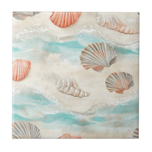 Korallenriff-Muscheln & Aqua-Wellen-Muster (2) Fliese