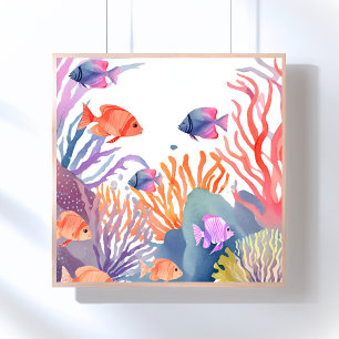 Korallenriff   Wasserfarbe Bunter Fisch Ozean Poster