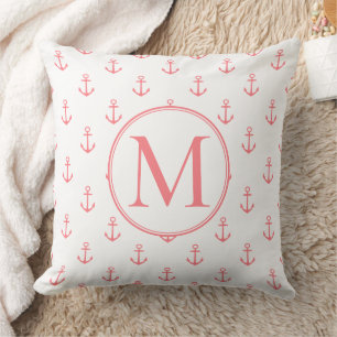 Korallenrosa Anker auf weißem Monogramm Kissen