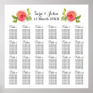 Korallenrosa Aquarellblume Hochzeitsplan Poster
