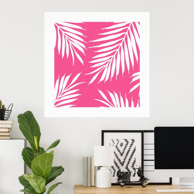 Korallenrosa, Blätter aus weißem Acrylpalm Poster (Heimbüro)