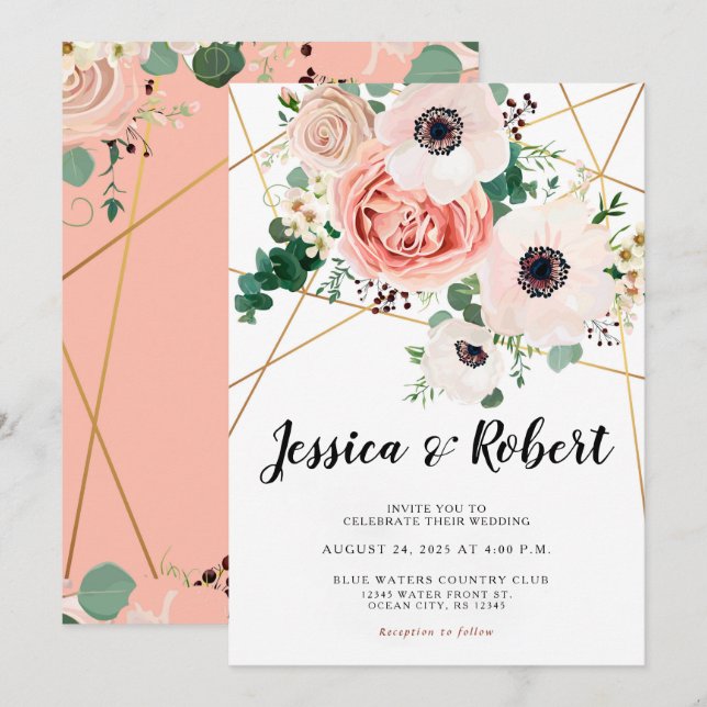 Korallenrosa Blume Elegante Hochzeit Einladung (Vorne/Hinten)