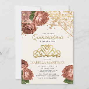 Korallenrosa Blumen Gold Glitter Quinceañera-Einla Einladung