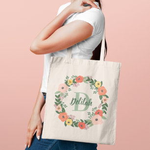 Korallenrosa Blumengrün Monogramm Kranz Tragetasche