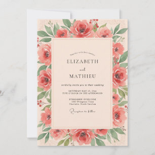 Korallenrosa Botanische Aquarell-Hochzeit Einladung