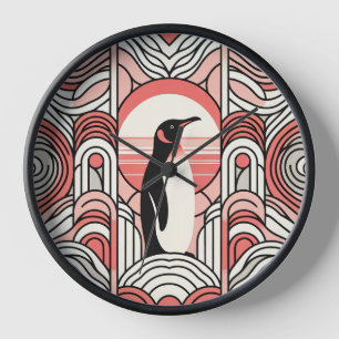 Korallenrosa Creme Pinguin im Art Deco geometrisch Uhr