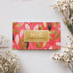 Korallenrosa Goldene Blätter Monogramm Visitenkart