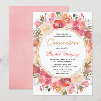 Korallenrosa Goldgarten Thema Quinceanera Einladung