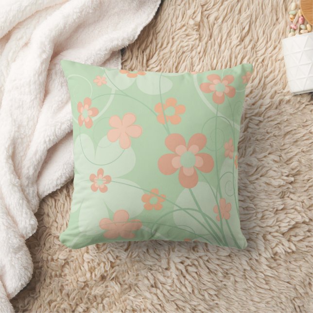 Korallenrosa Grüne Blume Einfache niedliche Frühli Kissen (Decke)