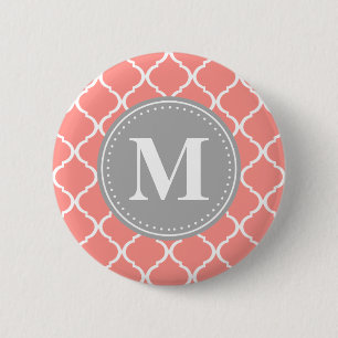Korallenrosa Marokkanisches Gitter Grau Monogram Button