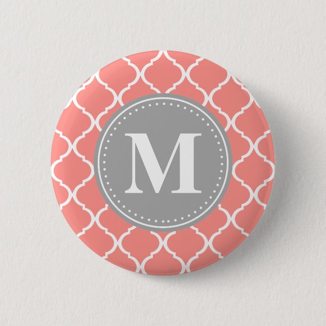 Korallenrosa Marokkanisches Gitter Grau Monogram Button (Vorderseite)