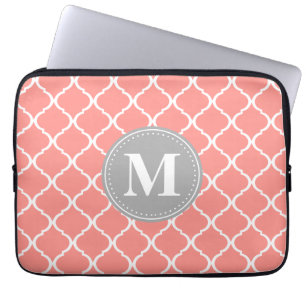 Korallenrosa Marokkanisches Gitter Grau Monogram Laptopschutzhülle