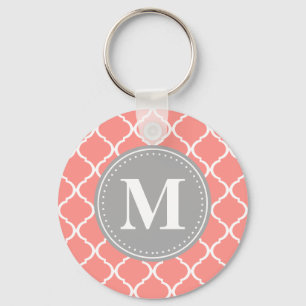 Korallenrosa Marokkanisches Gitter Grau Monogram Schlüsselanhänger