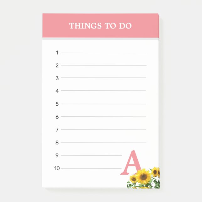 Korallenrosa Monogramm und Sonnenblumen Post-it Klebezettel (Vorderseite)