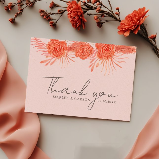 Korallenrosa Orange Florales Skript Hochzeit Dankeskarte (Von Creator hochgeladen)