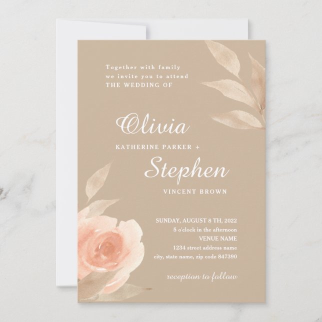 Korallenrosa Rosa. Blühende Hochzeit im botanische Einladung (Vorderseite)