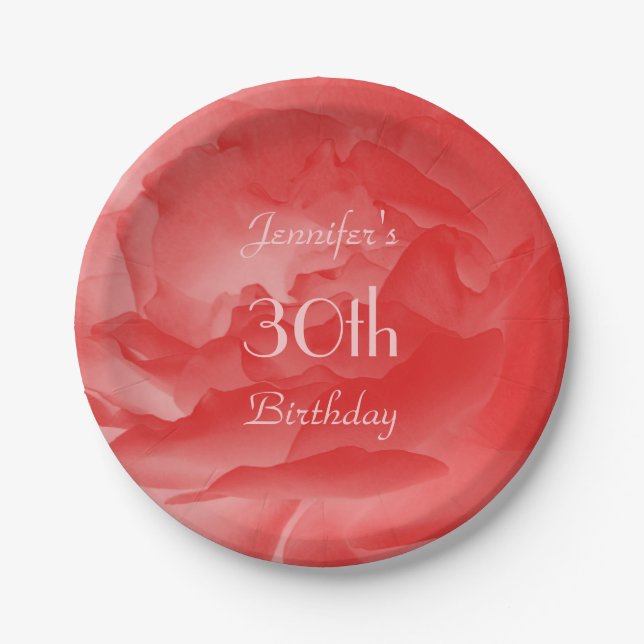 Korallenrosa Rose, Name, Elegant 30. Geburtstag Pappteller (Vorderseite)