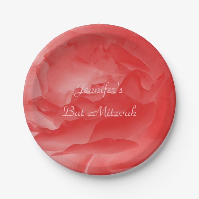 Korallenrosa Rose, Name, floraler Bat Mitzvah Pappteller (Vorderseite)