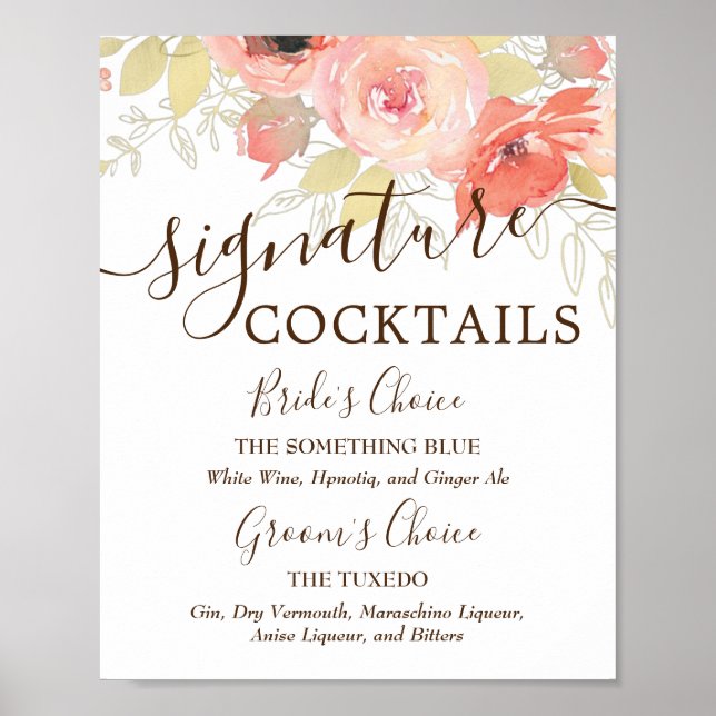 Korallenrosa Rosen und Gold-Hochzeitstitel Getränk Poster (Vorne)