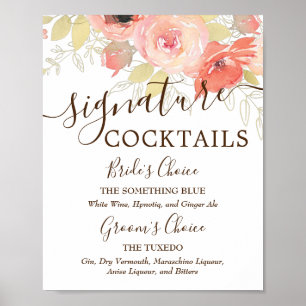 Korallenrosa Rosen und goldene Hochzeits-Signature Poster