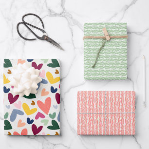 Korallenrosa, sonniges Gelbgrünes Herz und Zigzag  Geschenkpapier Set