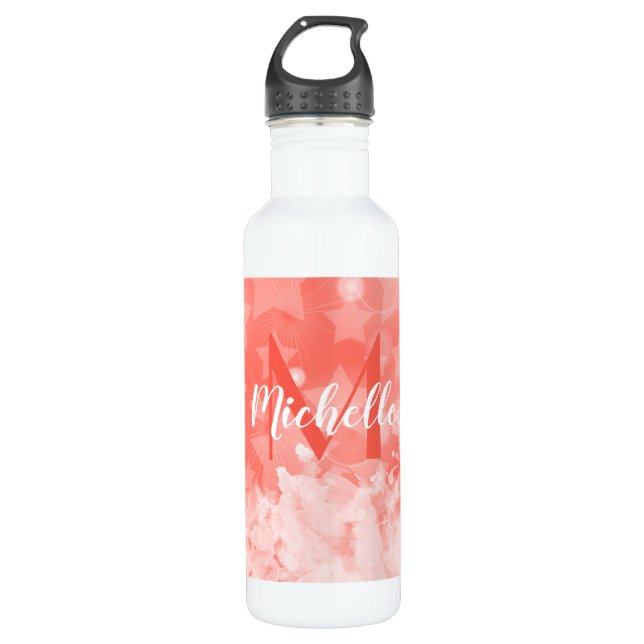 Korallenrosa Sternmuster Moderner Chic Monogram Na Edelstahlflasche (Vorderseite)