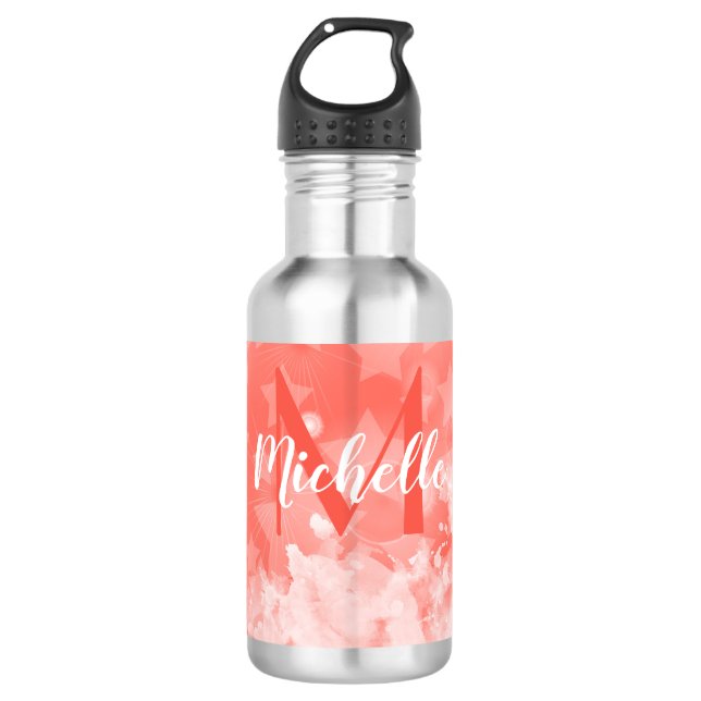 Korallenrosa Sternmuster Moderner Chic Monogram Na Edelstahlflasche (Vorderseite)