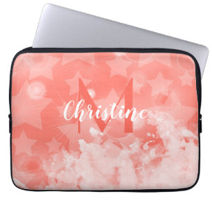 Korallenrosa Sternmuster Moderner Chic Monogram Na Laptopschutzhülle