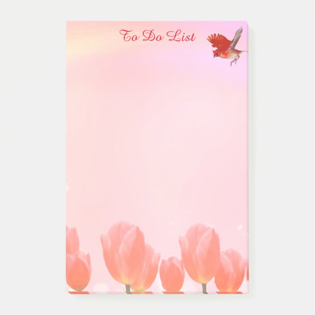 Korallenrosa Tulpe Blume & Kardinal-Vogel auf Rosa Post-it Klebezettel (Vorderseite)