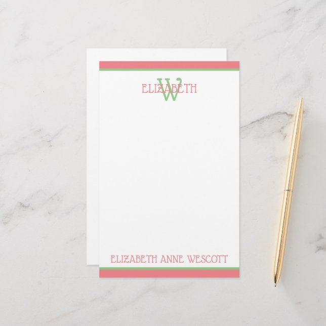 Korallenrosa und grüne Monogramm Briefpapier (Vorderseite/Rückseite Beispiel)