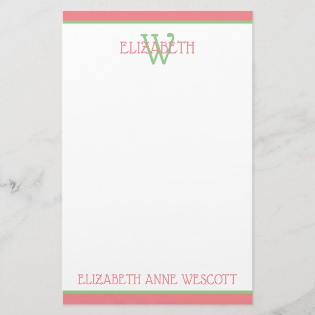 Korallenrosa und grüne Monogramm Briefpapier (Vorderseite)