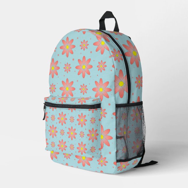 Korallenrosa und pulverblau delikate, daisate Blum Bedruckter Rucksack (Rückseitige Ecke Rechts)