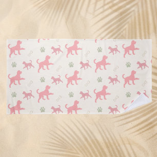 Korallenrosa und Salbeigrüne Doodle-Hund-Silhouett Strandtuch