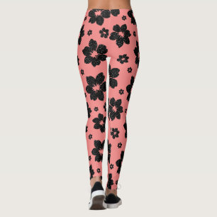 Korallenrosa und schwarze Blume Diamant Glitzer Leggings