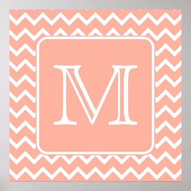 Korallenrosa und Weiß Zickzack mit Custom Monogram Poster (Vorne)