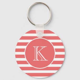 Korallenrosa und weiße Streifen mit Monogramm Schlüsselanhänger
