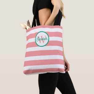 Korallenrosa und weiße Streifen Monogramm Tasche
