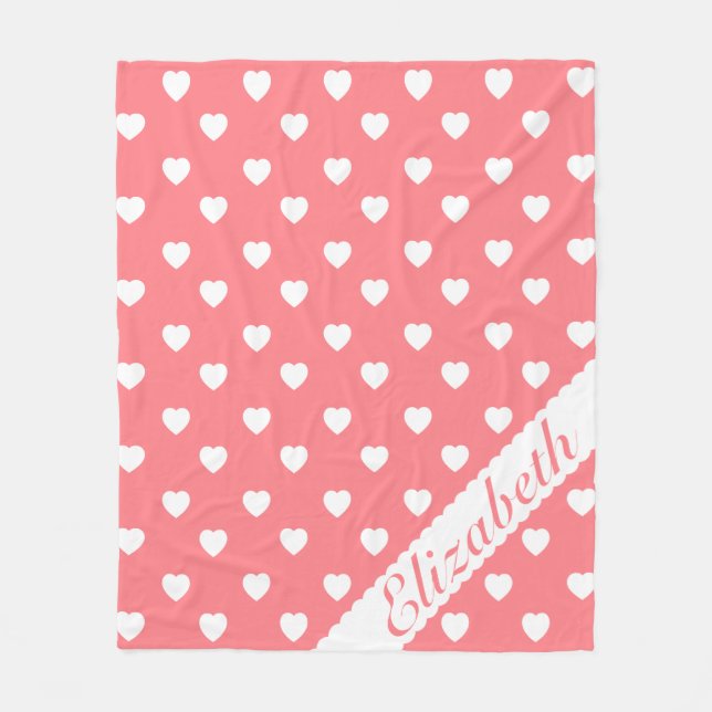 Korallenrosa und Weißherz Personalisiert Fleecedecke (Vorderseite)