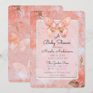 Korallenrosa Vintage Schmetterling Rose Baby Showe Einladung