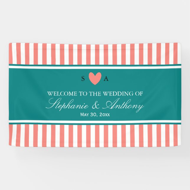 Korallenrosa, Weiße und Aquamarine Hochzeit Banner (Horizontal)