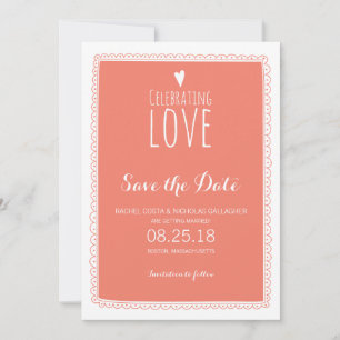 Korallenrosa, weißer Doodle Save the Date Einladung
