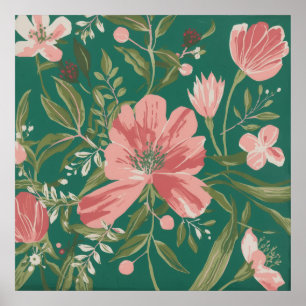 Korallenrosa Wildblumen auf Türkisgrüner Botanisch Poster