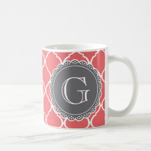 Korallenrost Lattice Muster Grau Monogram Kaffeetasse