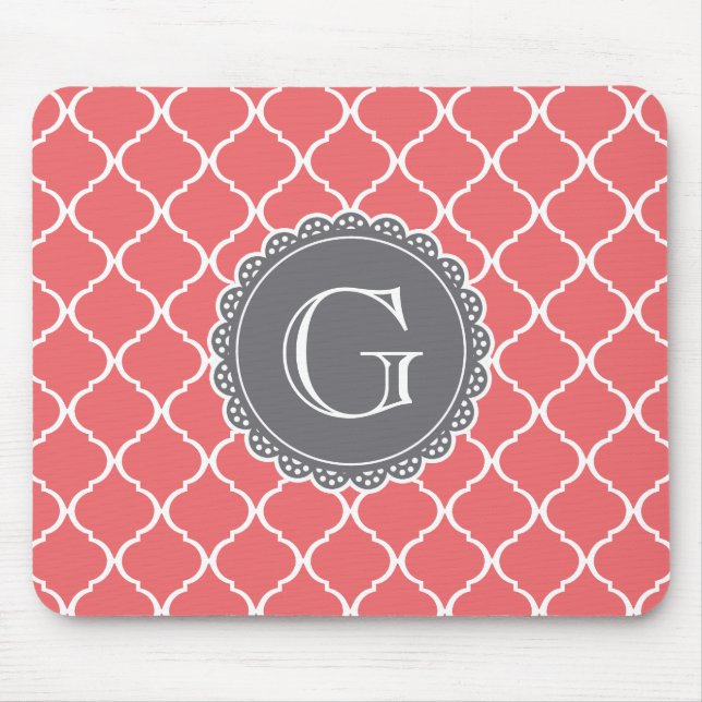 Korallenrost Lattice Muster Grau Monogram Mousepad (Vorne)