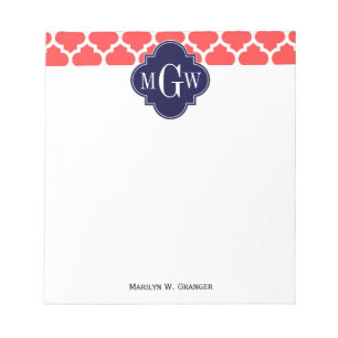 Korallenrot, Marokkaner #5 Navy 3 Initial Monogram Notizblock