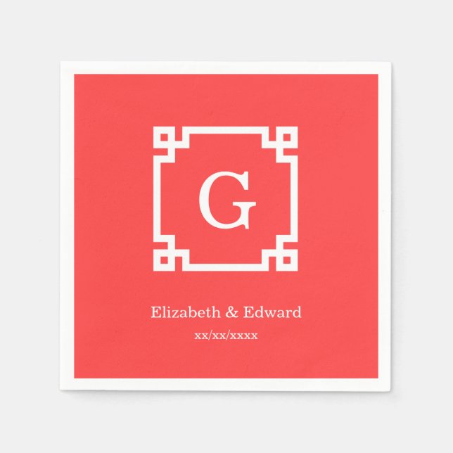 Korallenrot mit griechischem Schlüsselrahmen #2 An Serviette (Vorderseite)