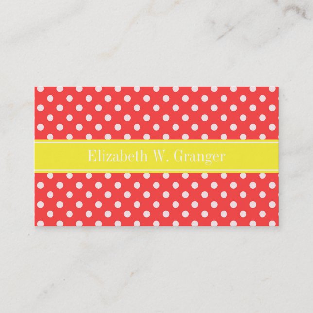 Korallenrot, Polka Dots Gelbe Bezeichnung Monogram Visitenkarte (Vorderseite)