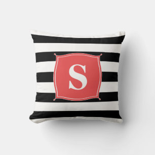 Korallenrot & Schwarz gestreifte Monogramm   Kisse Kissen