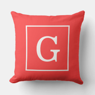 Korallenrot weiß gerahmtes Initialen-Monogramm Kissen