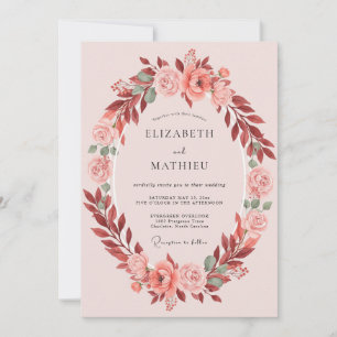 Korallenrote botanische ovale Romantik-Hochzeit Einladung